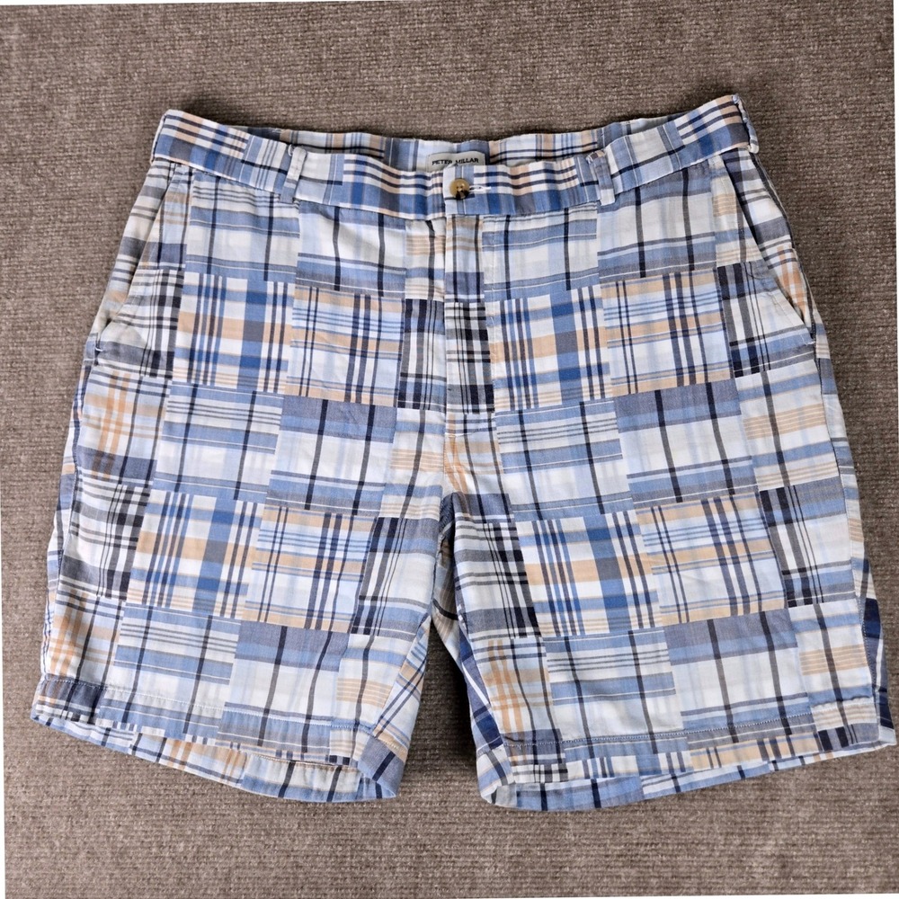 Peter Millar Men 38 Blue Patchwork Plaid Cotton Shorts Madras Summer Golf Casual